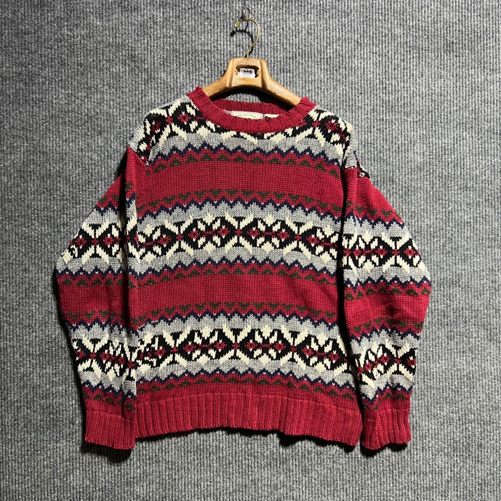 Vintage American Eagle Sweater Mens XL Red Fair Isle Knit Ramie Cotton Pullover